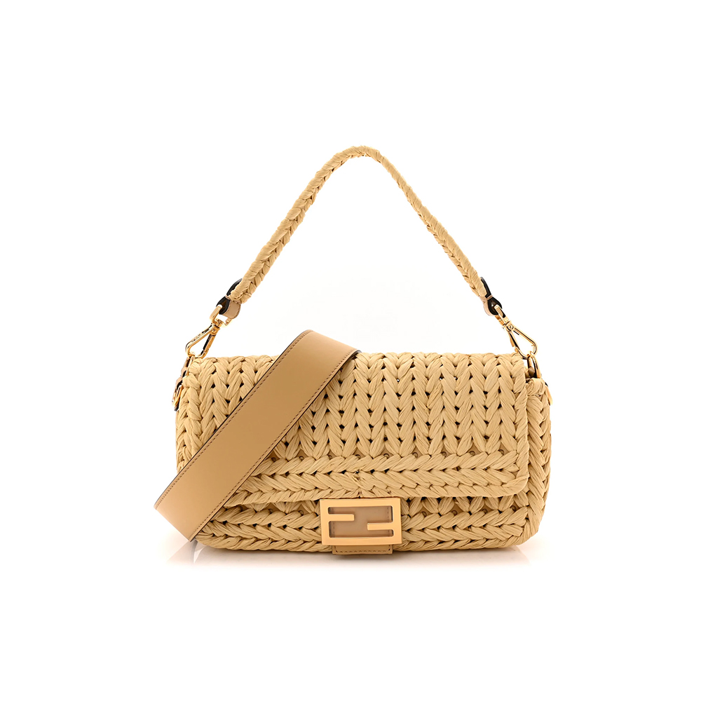 Raffia and Leather Baguette Bag