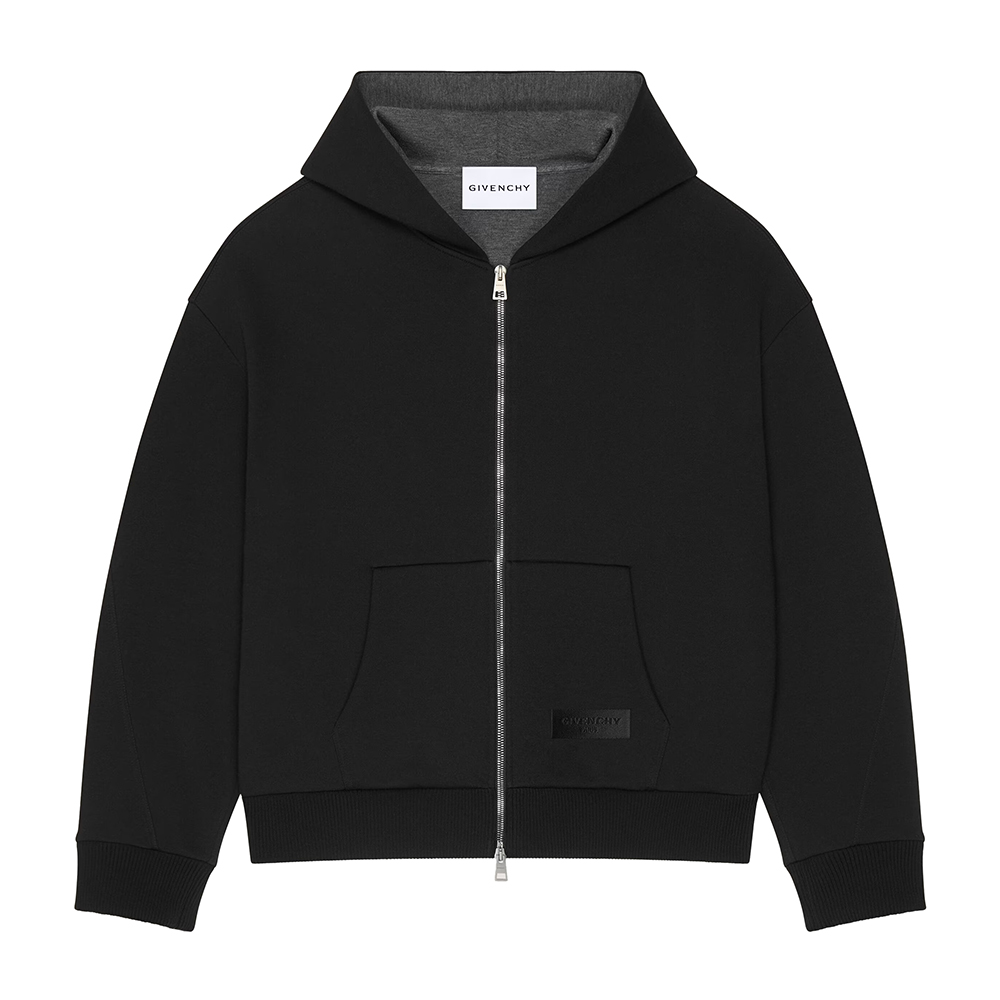 Leather Patch Cotton Zipped Hoodie