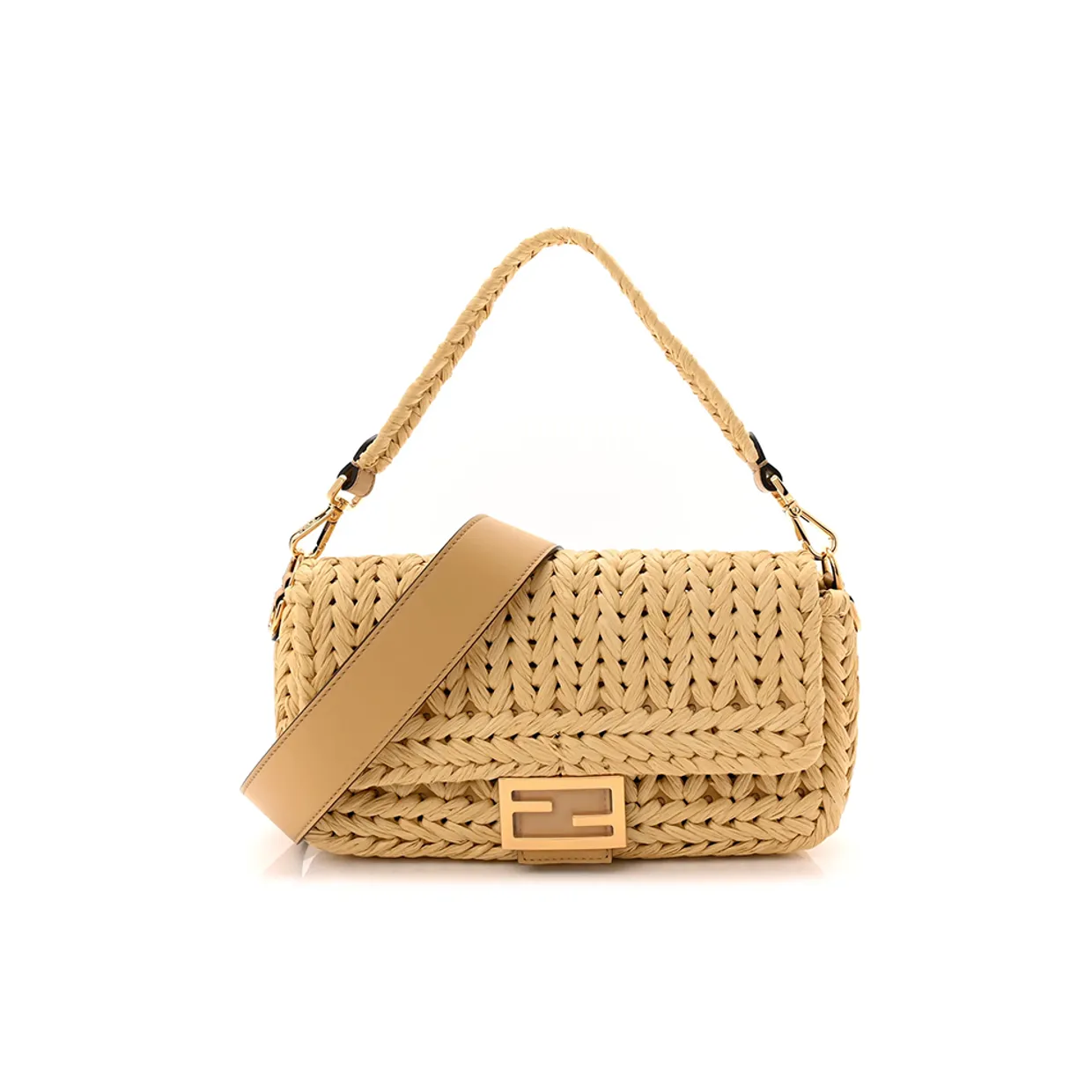 Raffia and Leather Baguette Bag